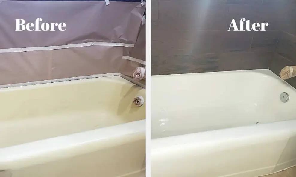 The image shows the before and after of a refinished bathtub with the walls covered in paper to protect from the refinishing, the before shows a yellowing bathtub and the after shows a white bathtub.